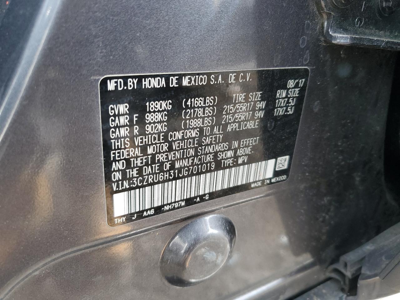 2018 Honda HR-V VIN 3CZRU6H31JG701019 Copart auction photo, front end / rear end damage thumbnail 13