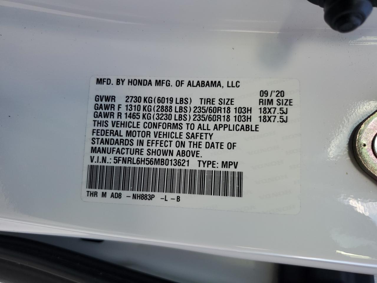 2021 Honda Odyssey VIN 5FNRL6H56MB013621 Copart auction photo, water/flood damage thumbnail 14