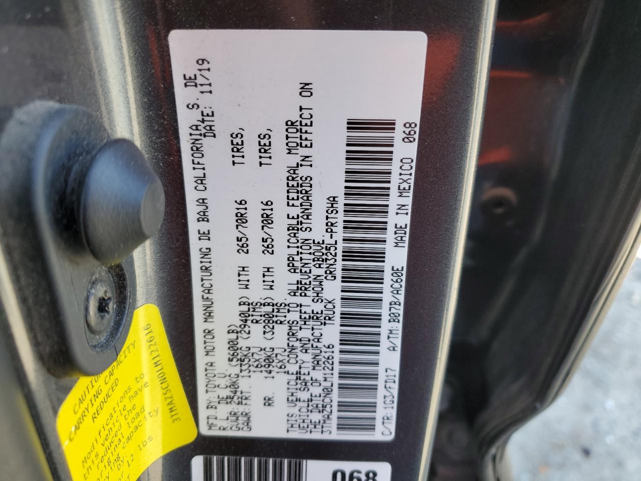 2020 Toyota Tacoma VIN 3TMAZ5CN0LM122616 Copart auction photo, front end / side damage thumbnail 14