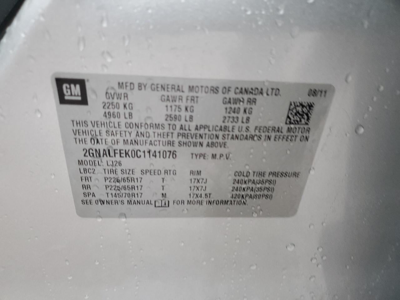 2012 Chevrolet Equinox VIN 2GNALFEK0C1141076 Copart auction photo, rear end damage thumbnail 14