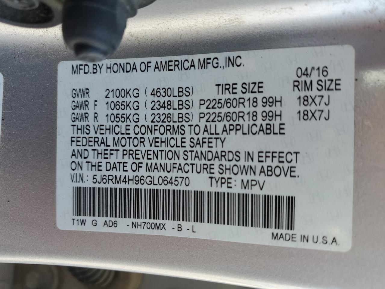 2016 Honda CR-V VIN 5J6RM4H96GL064570 Copart auction photo, front end / side damage thumbnail 16