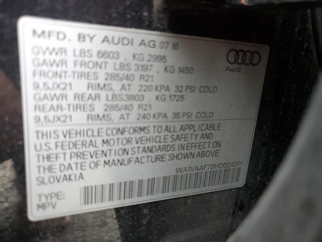 2017 Audi Q7 VIN WA1VAAF72HD024201 Copart auction photo, mechanical damage thumbnail 13