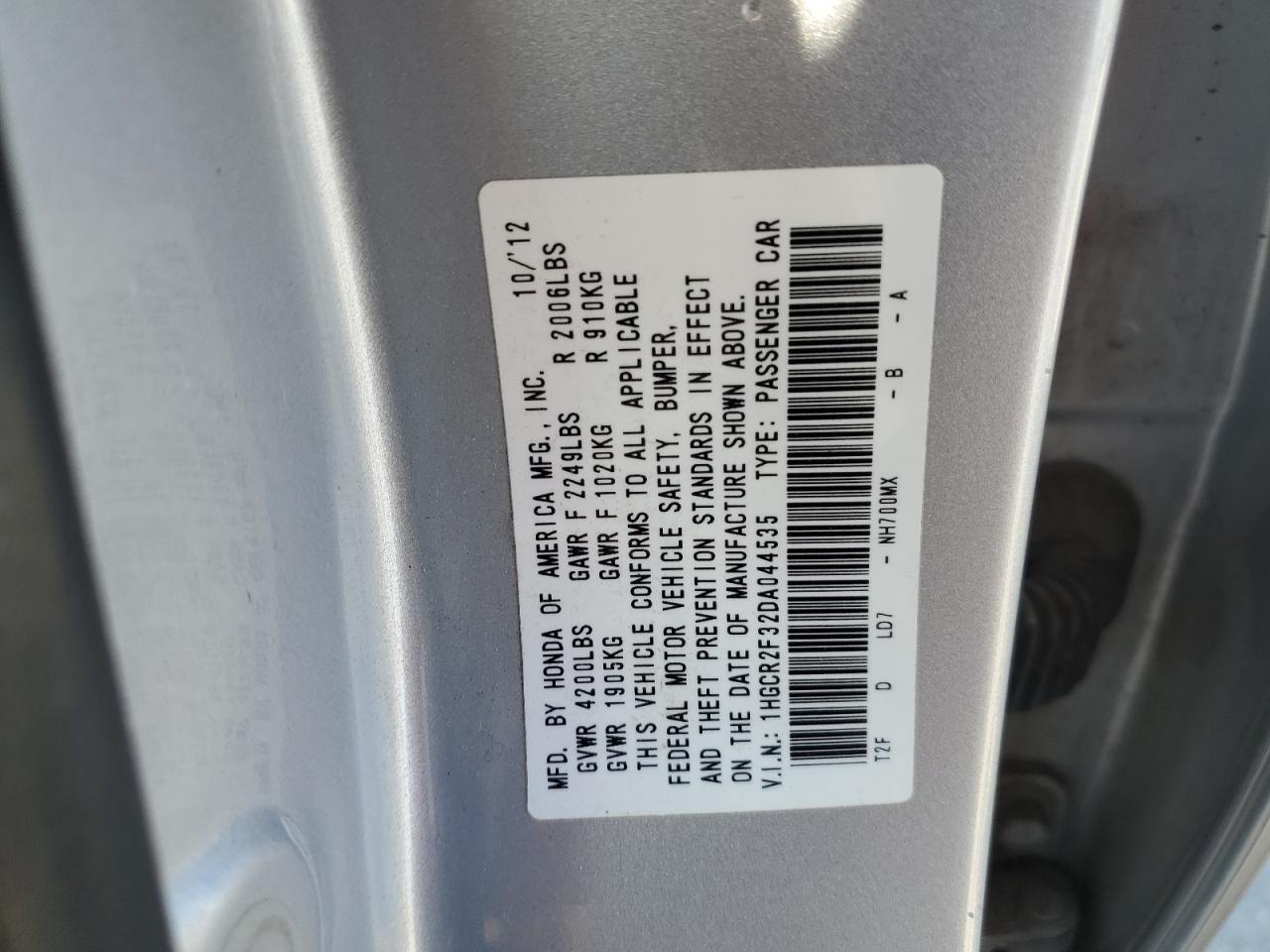 2013 Honda Accord VIN 1HGCR2F32DA044535 Copart auction photo, front end / rear end damage thumbnail 12