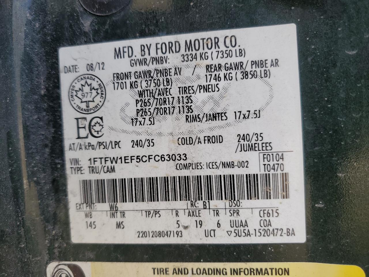 2012 Ford F-150 VIN 1FTFW1EF5CFC63033 Copart auction photo, front end / minor dent/scratches damage thumbnail 12