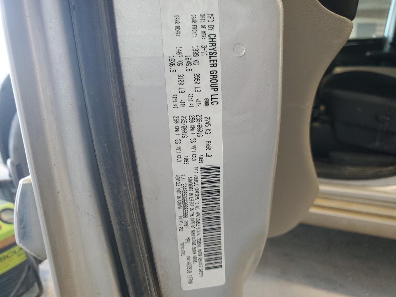 2011 Chrysler Town & Country VIN 2A4RR5DG6BR665988 Copart auction photo, front end / mechanical damage thumbnail 13