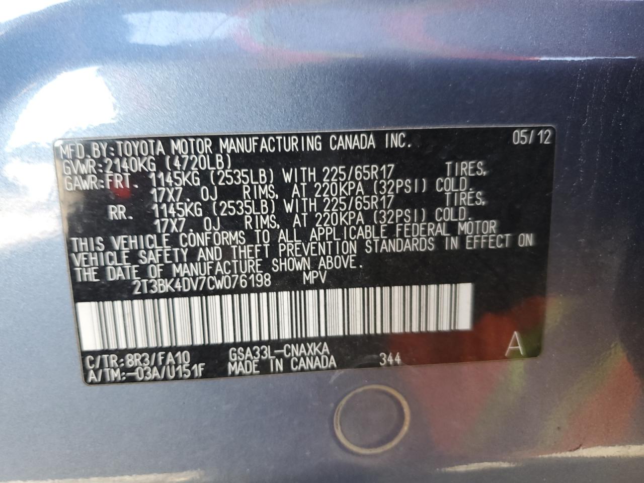 2012 Toyota RAV 4 VIN 2T3BK4DV7CW076198 Copart auction photo, front end / rear end damage thumbnail 13