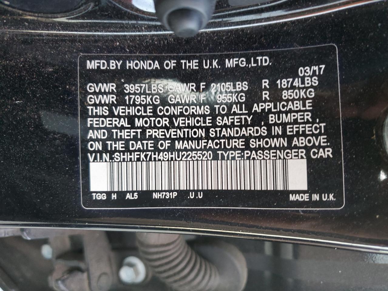 2017 Honda Civic VIN SHHFK7H49HU225520 Copart auction photo, side / rear end damage thumbnail 14