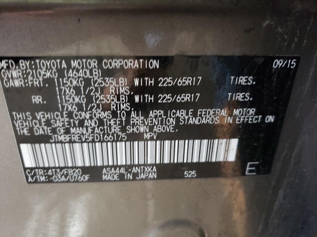 2015 Toyota RAV 4 VIN JTMBFREV5FD166175 Copart auction photo, front end / burn - interior damage thumbnail 12