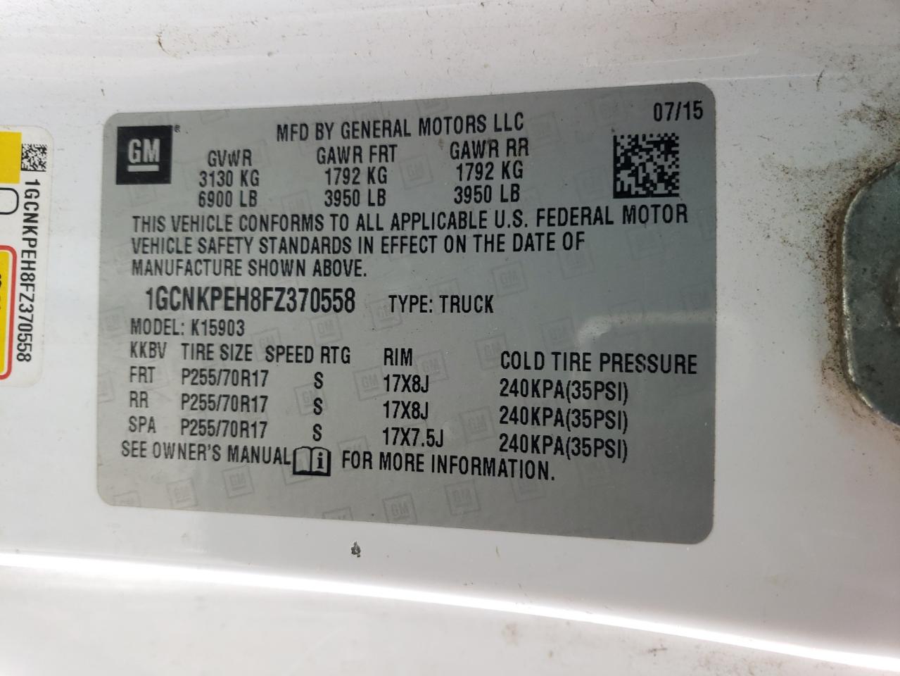 2015 Chevrolet Silverado VIN 1GCNKPEH8FZ370558 Copart auction photo, rear end / minor dent/scratches damage thumbnail 12