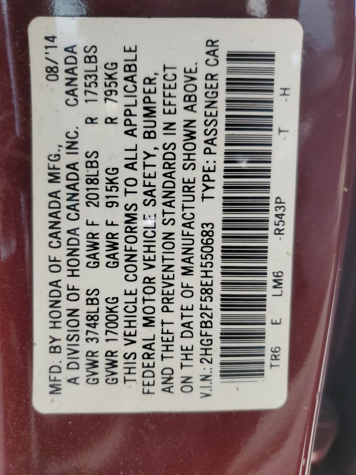 2014 Honda Civic VIN 2HGFB2F58EH550683 Copart auction photo, all over / mechanical damage thumbnail 13