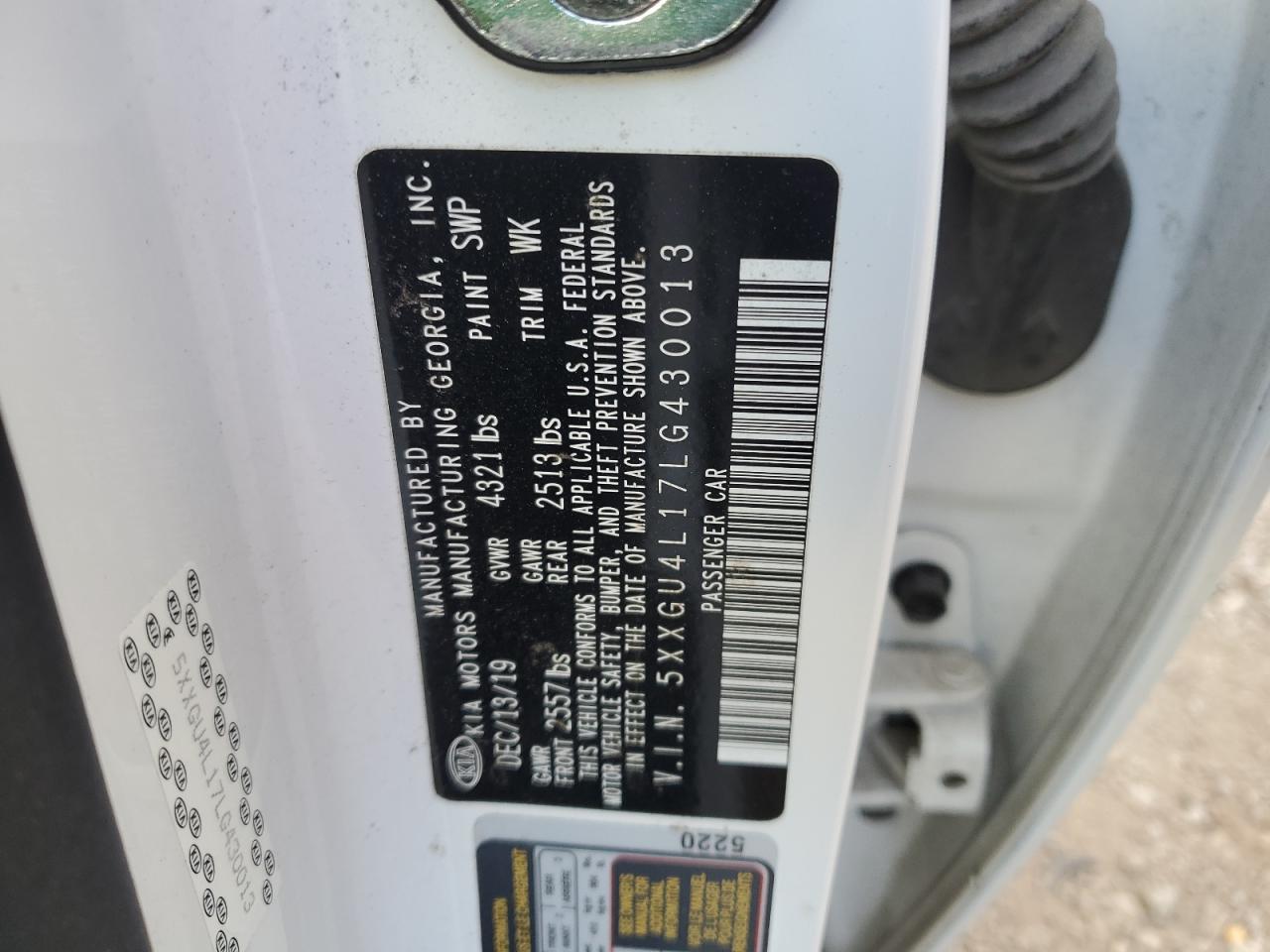 2020 KIA Optima VIN 5XXGU4L17LG430013 Copart auction photo, front end damage thumbnail 13