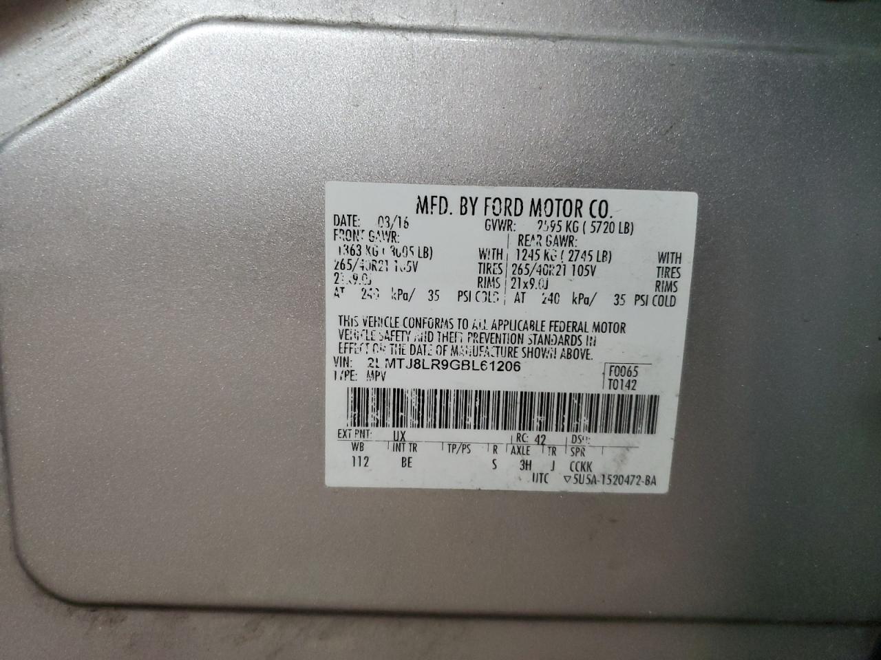 2016 Lincoln MKX VIN 2LMTJ8LR9GBL61206 Copart auction photo, front end damage thumbnail 12