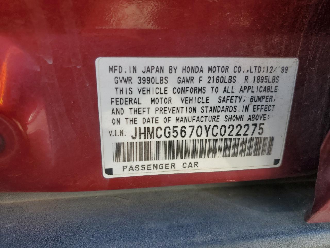2000 Honda Accord VIN JHMCG5670YC022275 Copart auction photo, front end damage thumbnail 12