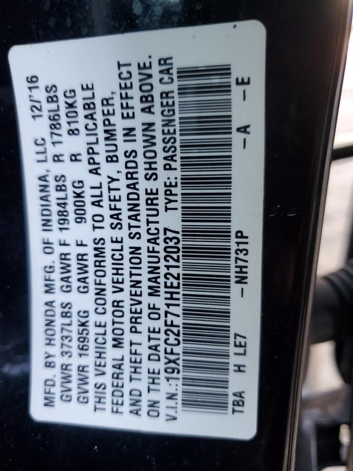 2017 Honda Civic VIN 19XFC2F71HE212037 Copart auction photo, front end damage thumbnail 13