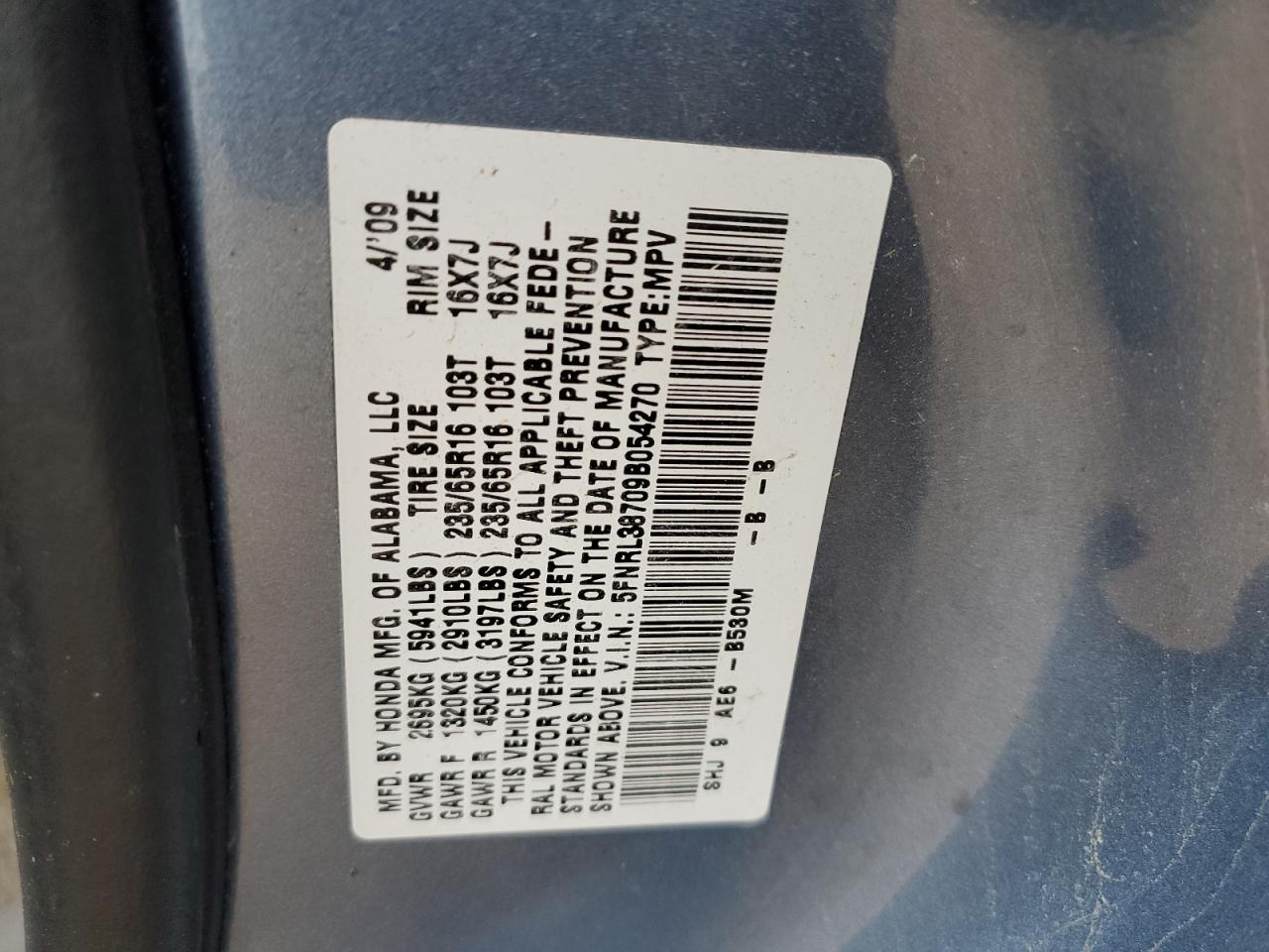 2009 Honda Odyssey VIN 5FNRL38709B054270 Copart auction photo, front end / rear end damage thumbnail 13