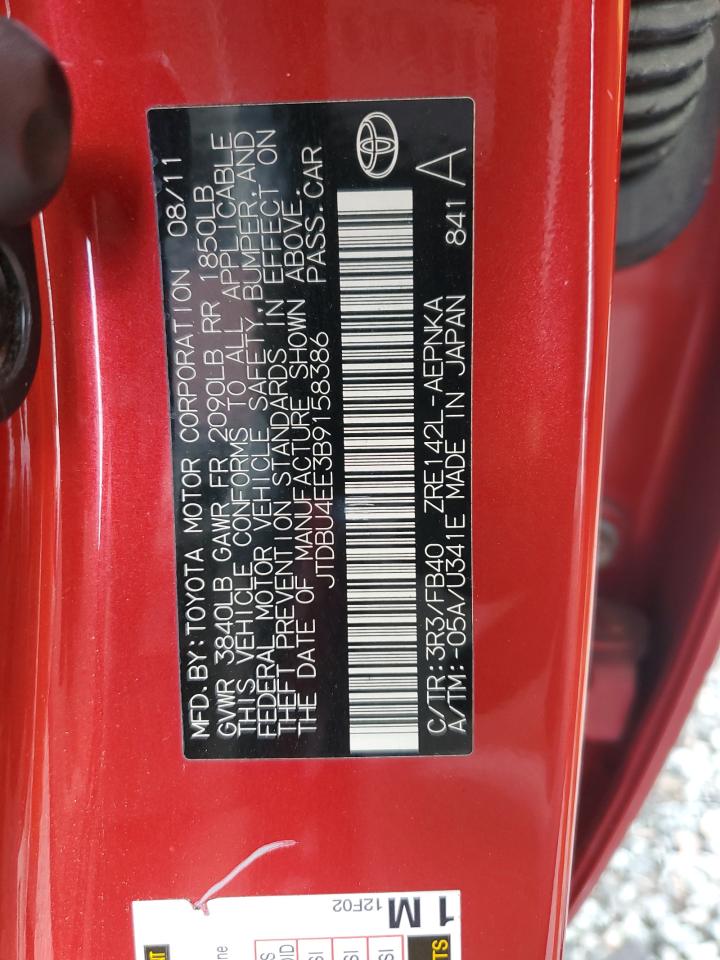 2011 Toyota Corolla VIN JTDBU4EE3B9158386 Copart auction photo, front end damage thumbnail 12