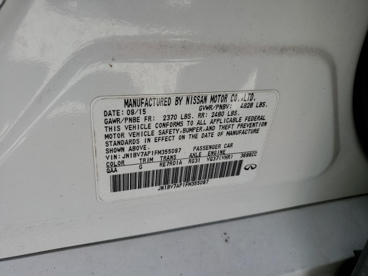 2015 Infiniti Q50 VIN JN1BV7AP1FM355097 Copart auction photo, water/flood damage thumbnail 13