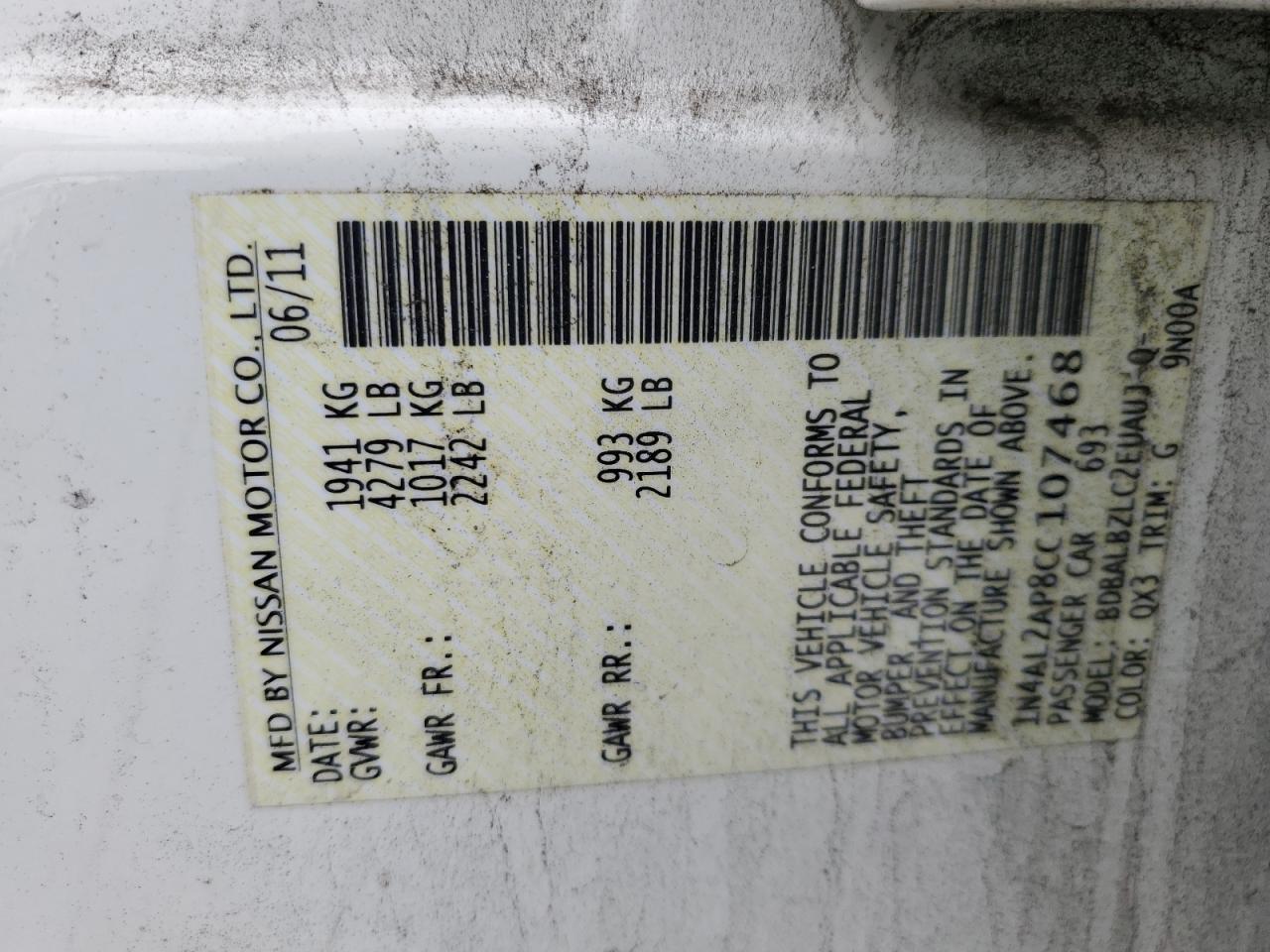 2012 Nissan Altima VIN 1N4AL2AP8CC107468 Copart auction photo, front end damage thumbnail 14