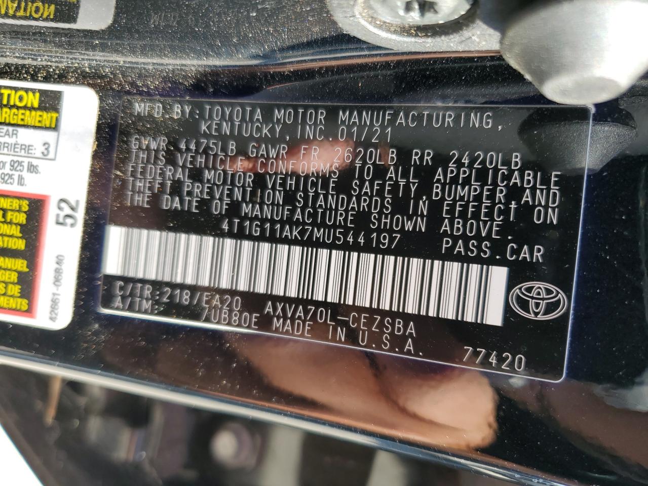 2021 Toyota Camry VIN 4T1G11AK7MU544197 Copart auction photo, front end damage thumbnail 13