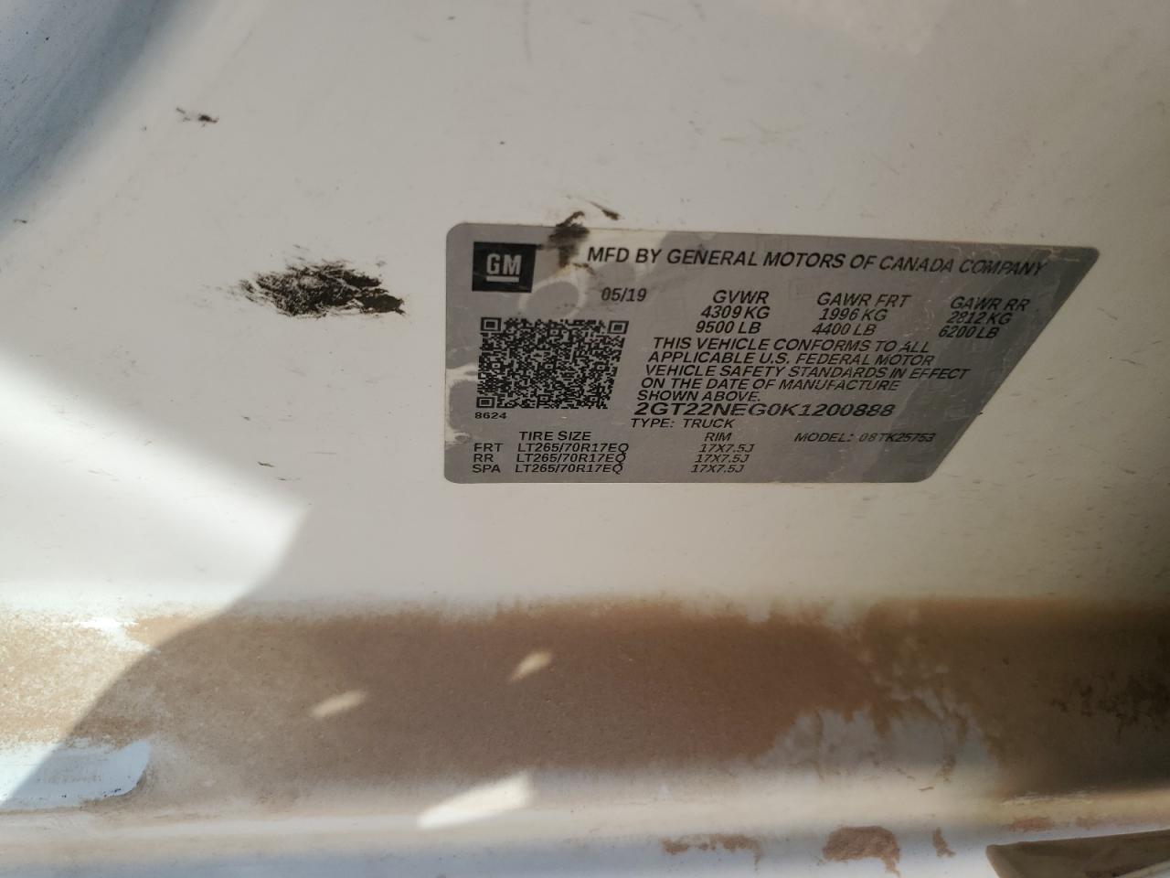 2019 GMC Sierra VIN 2GT22NEG0K1200888 Copart auction photo, rear end damage thumbnail 12