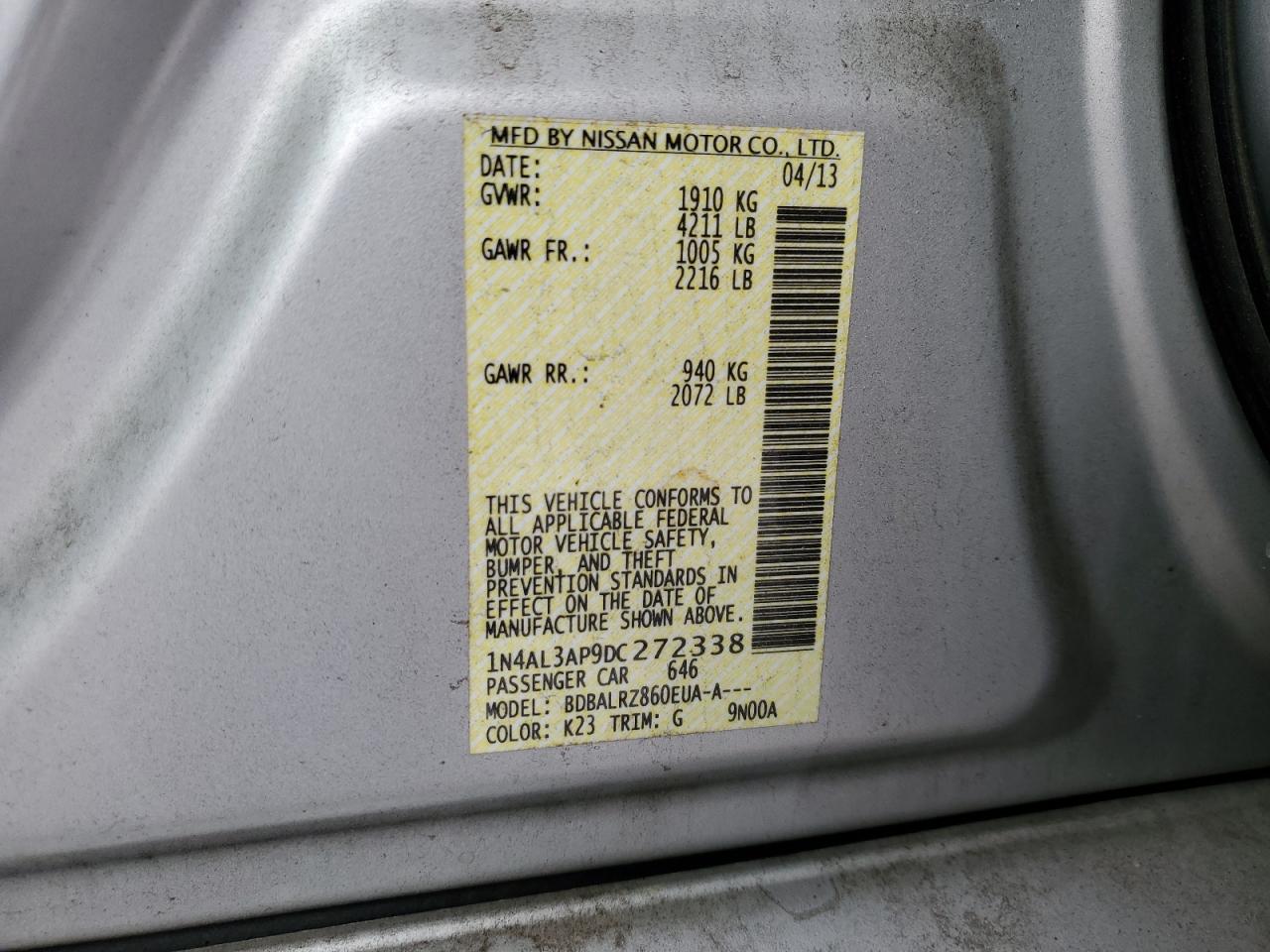2013 Nissan Altima VIN 1N4AL3AP9DC272338 Copart auction photo, front end damage thumbnail 12