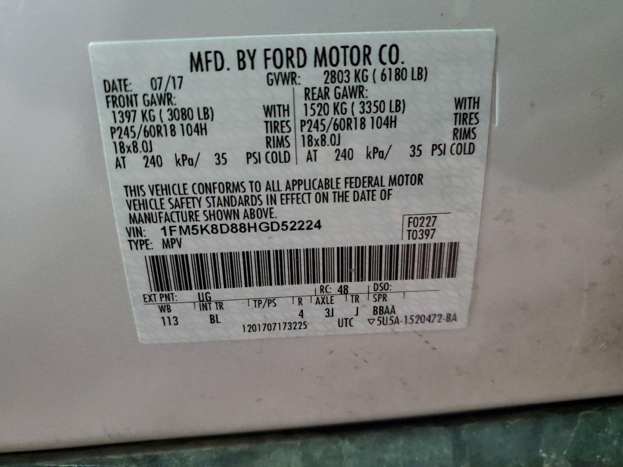 2017 Ford Explorer VIN 1FM5K8D88HGD52224 Copart auction photo, front end / side damage thumbnail 14