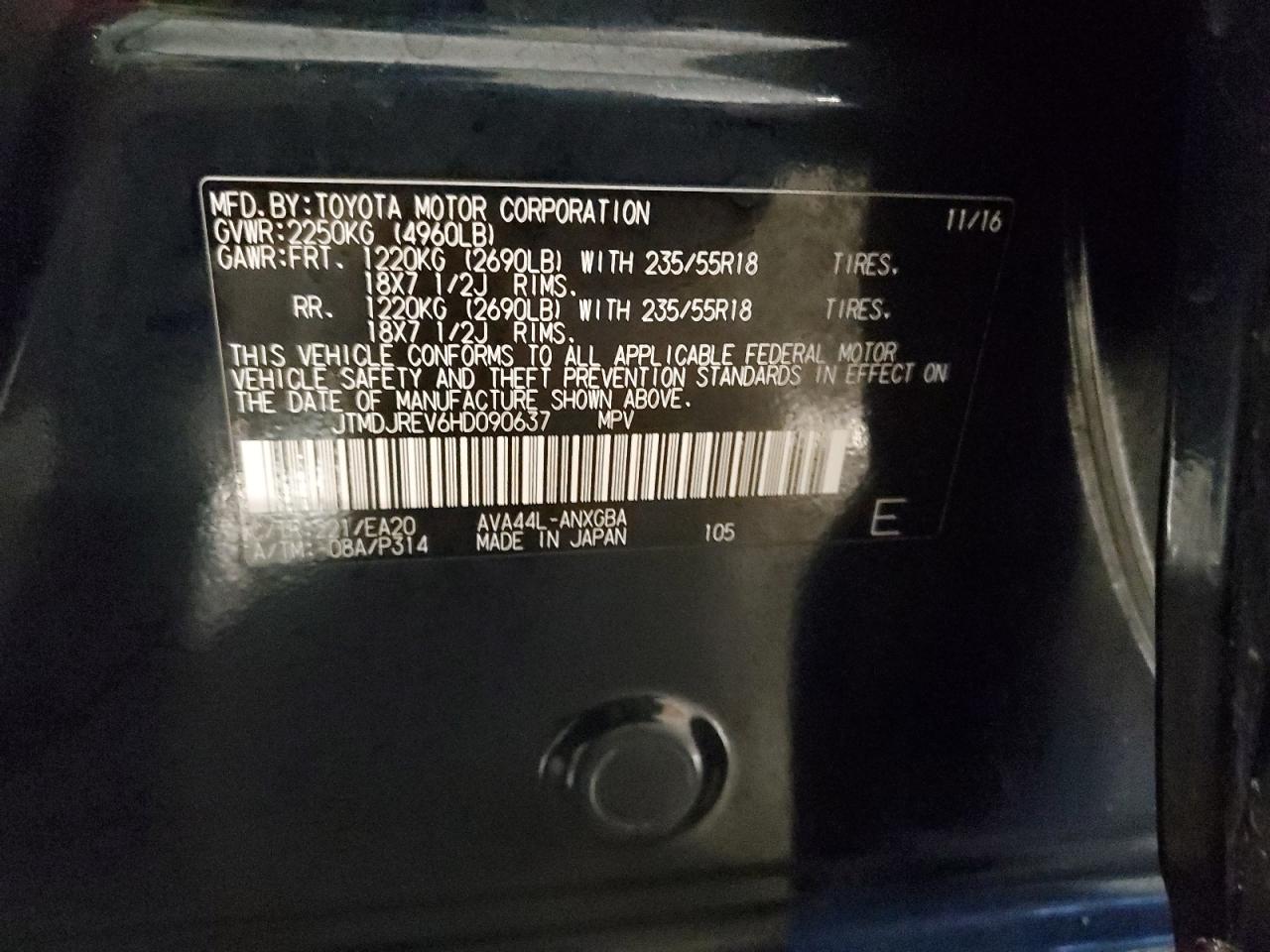 2017 Toyota RAV 4 VIN JTMDJREV6HD090637 Copart auction photo, side damage thumbnail 15