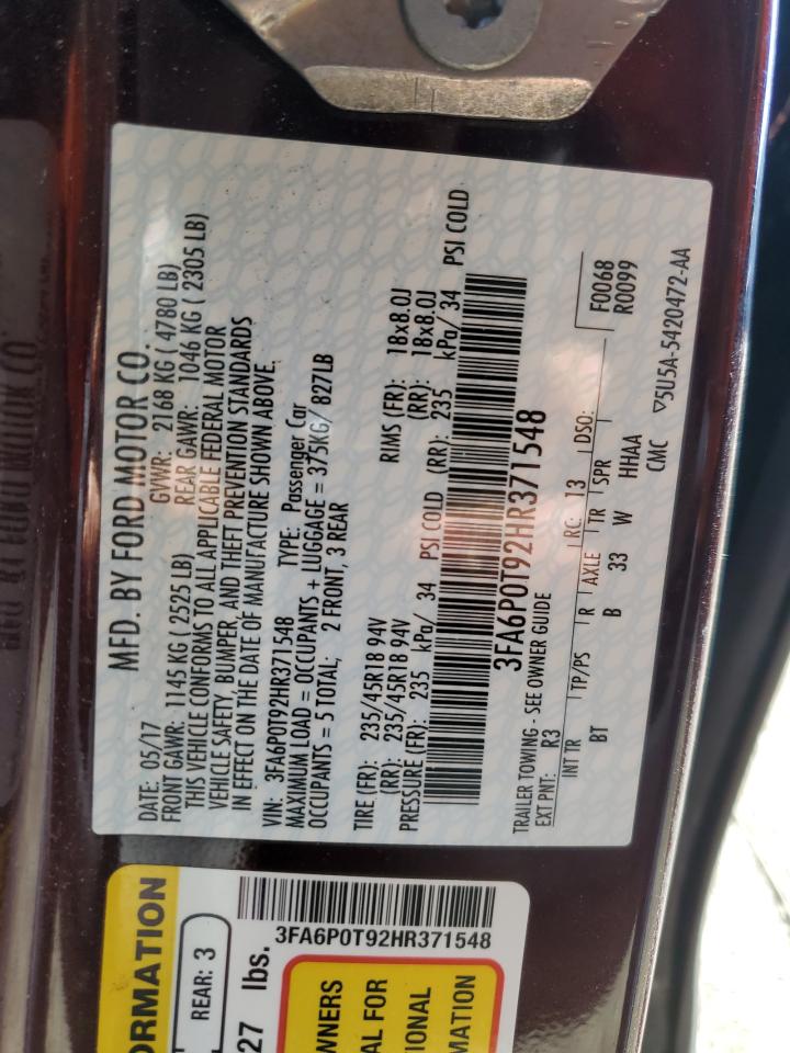 2017 Ford Fusion VIN 3FA6P0T92HR371548 Copart auction photo, front end damage thumbnail 13