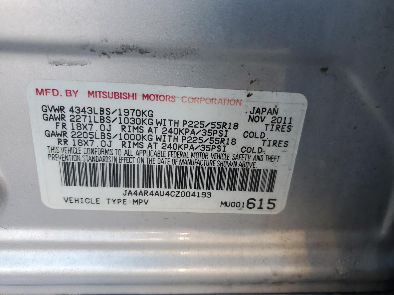 2012 Mitsubishi Outlander VIN JA4AR4AU4CZ004193 Copart auction photo, front end / mechanical damage thumbnail 13