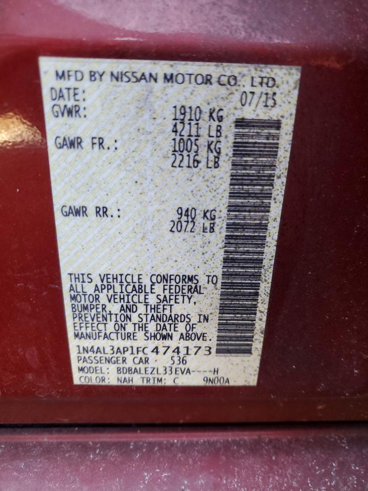 2015 Nissan Altima VIN 1N4AL3AP1FC474173 Copart auction photo, front end damage thumbnail 14