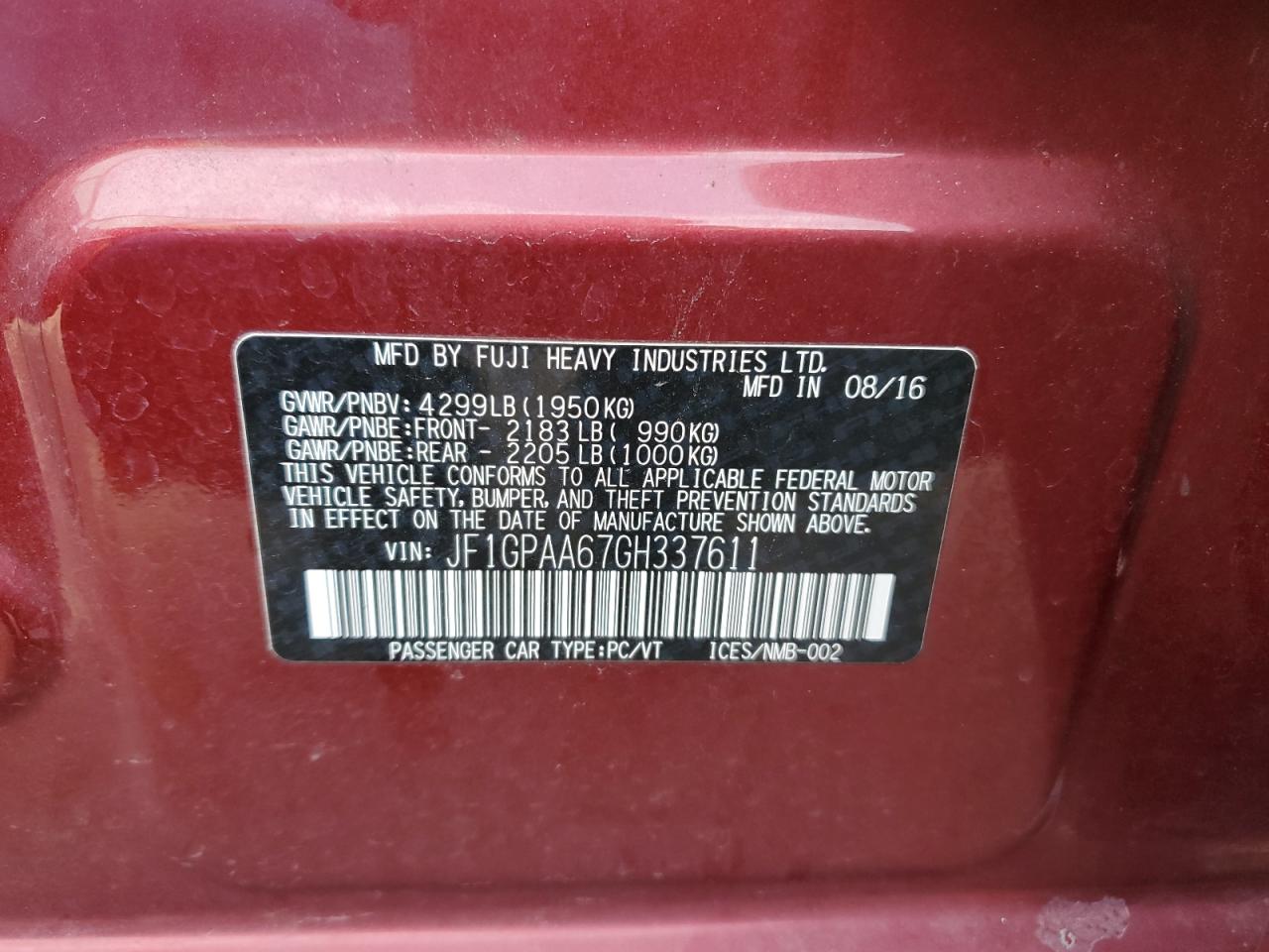 2016 Subaru Impreza VIN JF1GPAA67GH337611 Copart auction photo, front end damage thumbnail 14