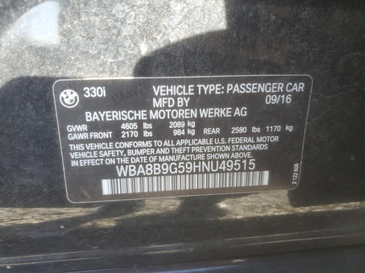 2017 BMW 3er VIN WBA8B9G59HNU49515 Copart auction photo, front end damage thumbnail 14