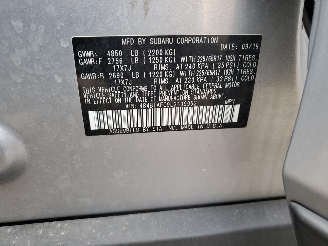 2020 Subaru Outback VIN 4S4BTAEC9L3109953 Copart auction photo, front end damage thumbnail 12