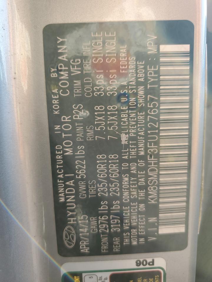 2015 Hyundai Santa Fe VIN KM8SMDHF3FU127657 Copart auction photo, rear end / undercarriage damage thumbnail 13