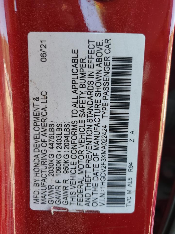 2021 Honda Accord VIN 1HGCV2F3XMA022424 Copart auction photo, front end / all over damage thumbnail 15