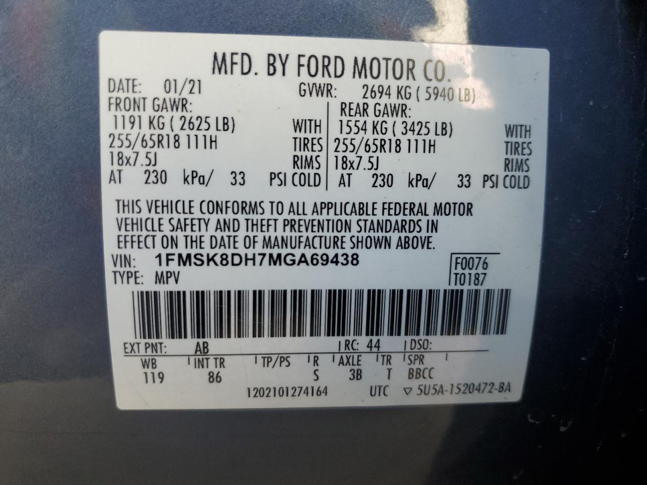2021 Ford Explorer VIN 1FMSK8DH7MGA69438 Copart auction photo, front end / side damage thumbnail 13