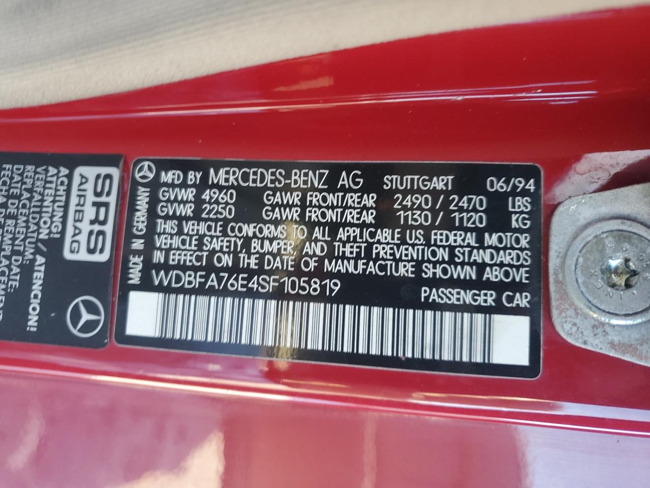 1995 Mercedes-Benz SL-klasse VIN WDBFA76E4SF105819 Copart auction photo, burn - engine / minor dent/scratches damage thumbnail 13