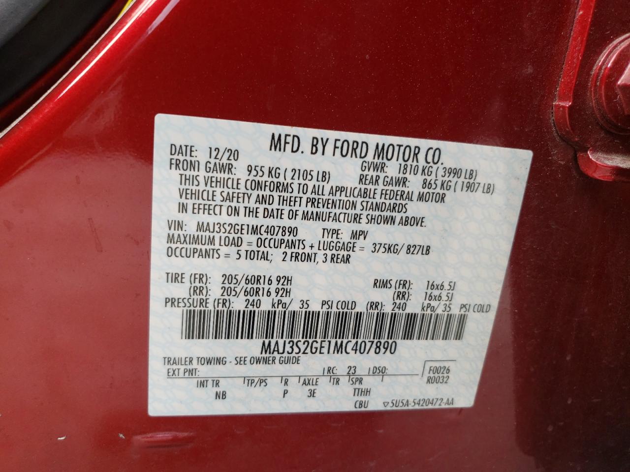 2021 Ford EcoSport VIN MAJ3S2GE1MC407890 Copart auction photo, front end damage thumbnail 12