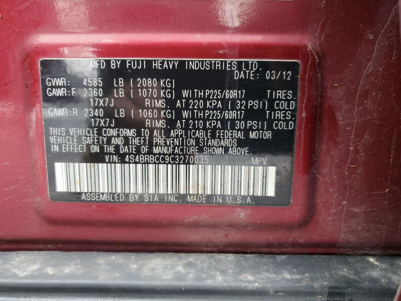 2012 Subaru Outback VIN 4S4BRBCC9C3270035 Copart auction photo, all over damage thumbnail 12