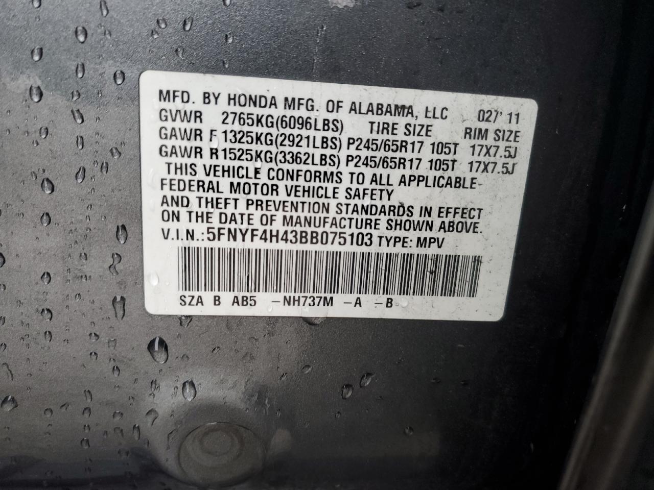 2011 Honda Pilot VIN 5FNYF4H43BB075103 Copart auction photo, front end damage thumbnail 13