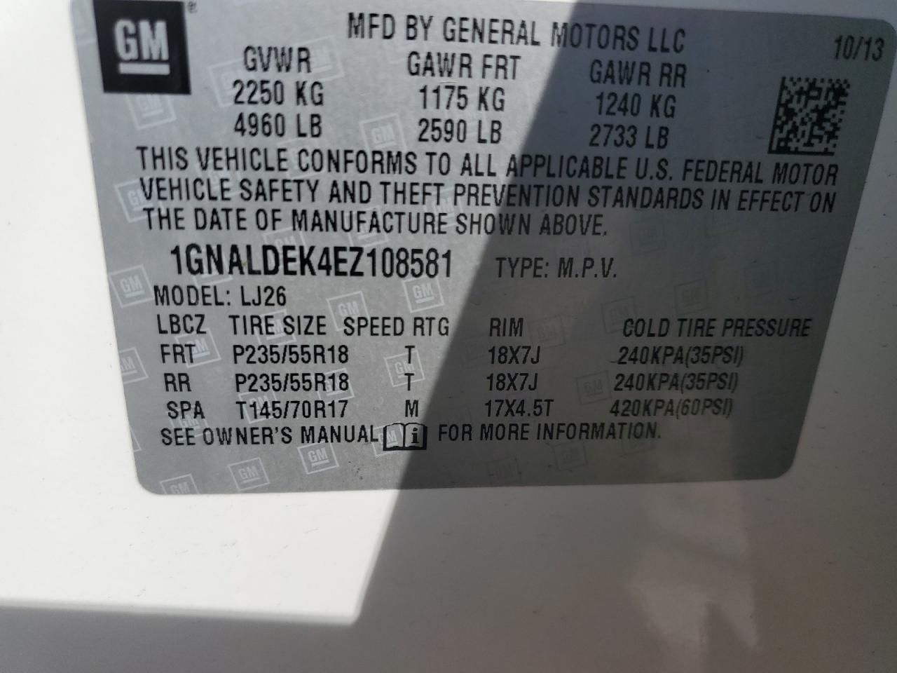 2014 Chevrolet Equinox VIN 1GNALDEK4EZ108581 Copart auction photo, front end damage thumbnail 13