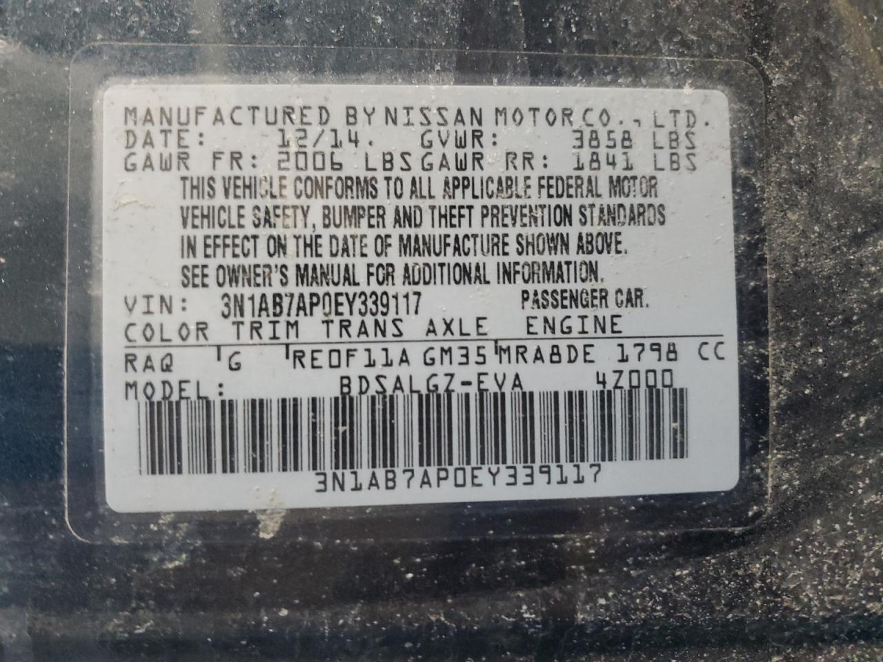 2014 Nissan Sentra VIN 3N1AB7AP0EY339117 Copart auction photo, front end damage thumbnail 12