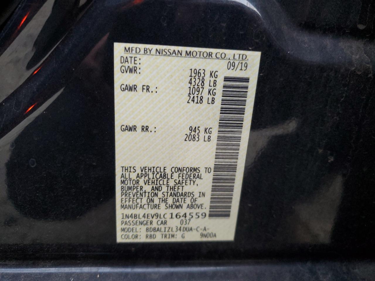 2020 Nissan Altima VIN 1N4BL4EV9LC164559 Copart auction photo, rear end / side damage thumbnail 12