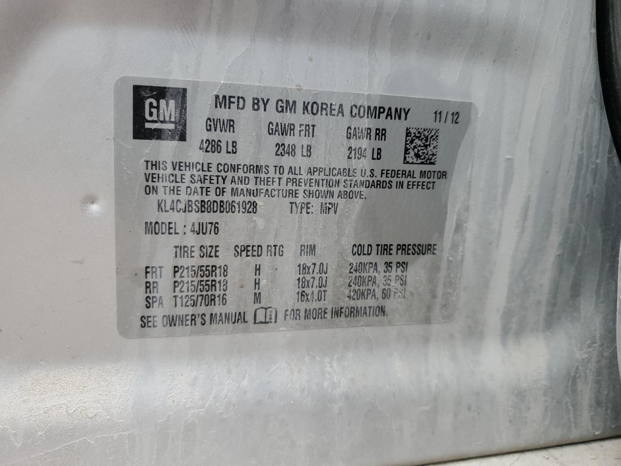 2013 Buick Encore VIN KL4CJBSB8DB061928 Copart auction photo, front end / side damage thumbnail 15