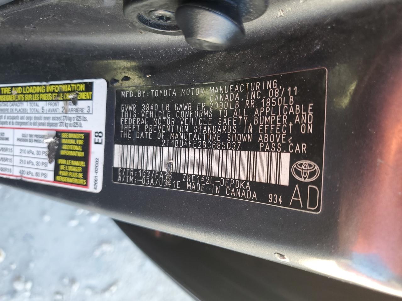 2011 Toyota Corolla VIN 2T1BU4EE2BC685037 Copart auction photo, side damage thumbnail 12