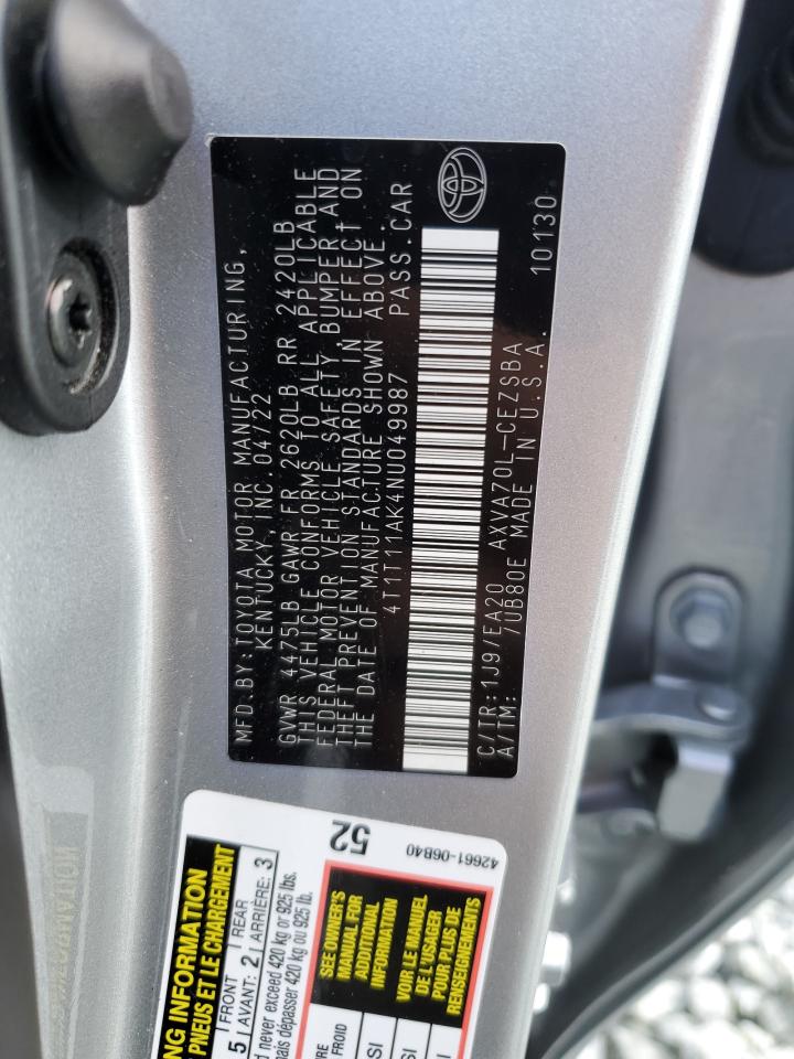 2022 Toyota Camry VIN 4T1T11AK4NU049987 Copart auction photo, front end damage thumbnail 14