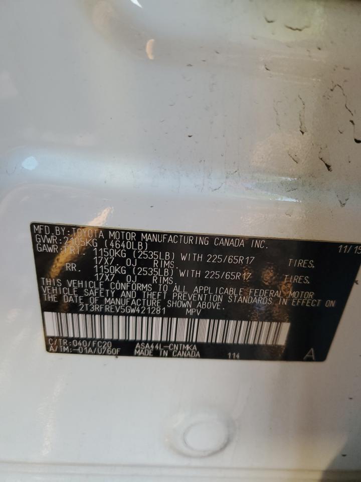 2016 Toyota RAV 4 VIN 2T3RFREV5GW421281 Copart auction photo, rear end / side damage thumbnail 12