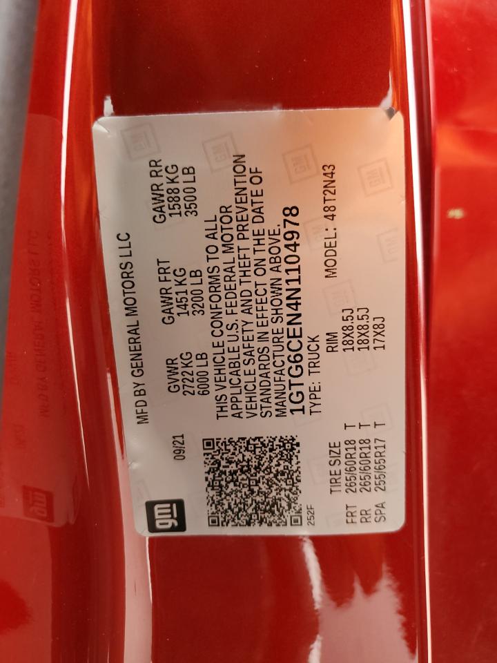 2022 GMC Canyon VIN 1GTG6CEN4N1104978 Copart auction photo, front end damage thumbnail 15