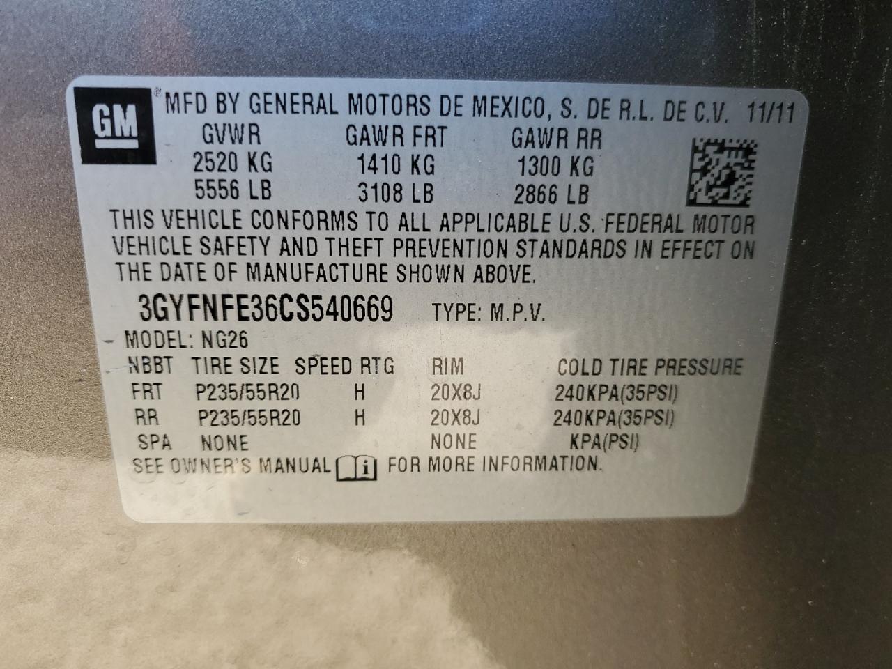 2012 Cadillac SRX VIN 3GYFNFE36CS540669 Copart auction photo, rear end damage thumbnail 15