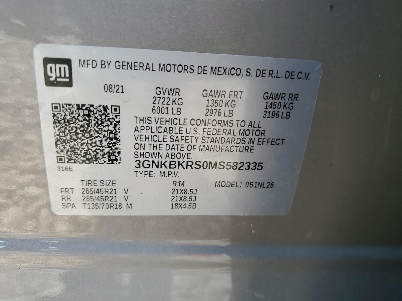 2021 Chevrolet Blazer VIN 3GNKBKRS0MS582335 Copart auction photo, front end / rear end damage thumbnail 15